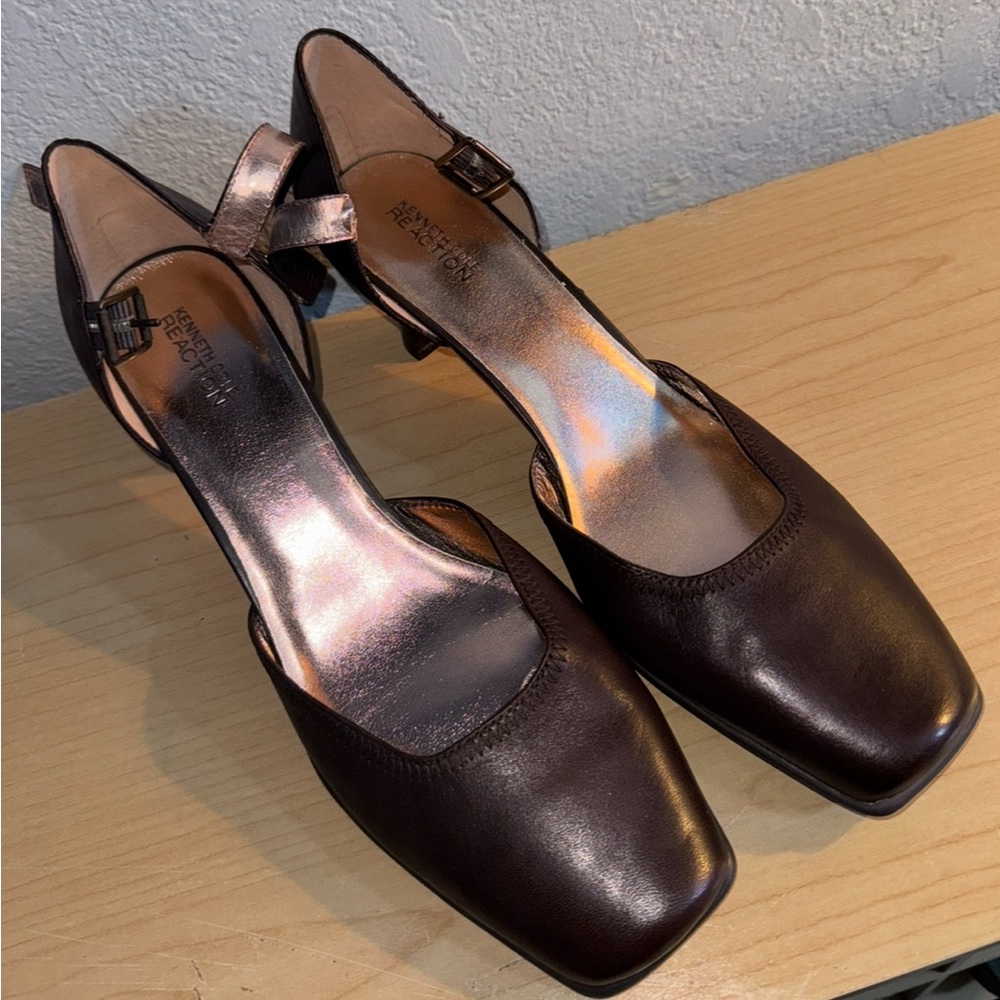 Vtg Kenneth Cole React Women’s 11 Ankle Strap Dark Brown Satin Heels square toe